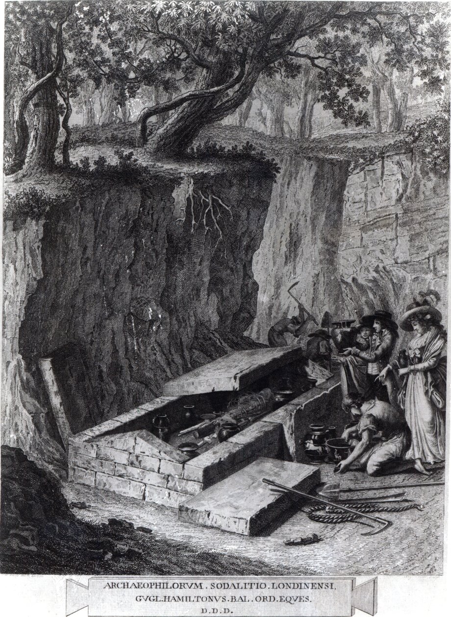 Touristen betrachten die Öffnung eines antiken Grabes, um 1766 von French School