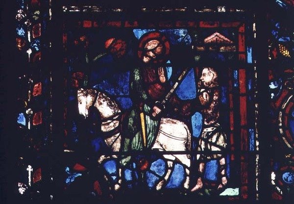 Fenster mit Darstellung des heiligen Martin, der seinen Mantel mit dem Bettler teilt, aus dem Leben des heiligen Martin im nördlichen Umgang von French School