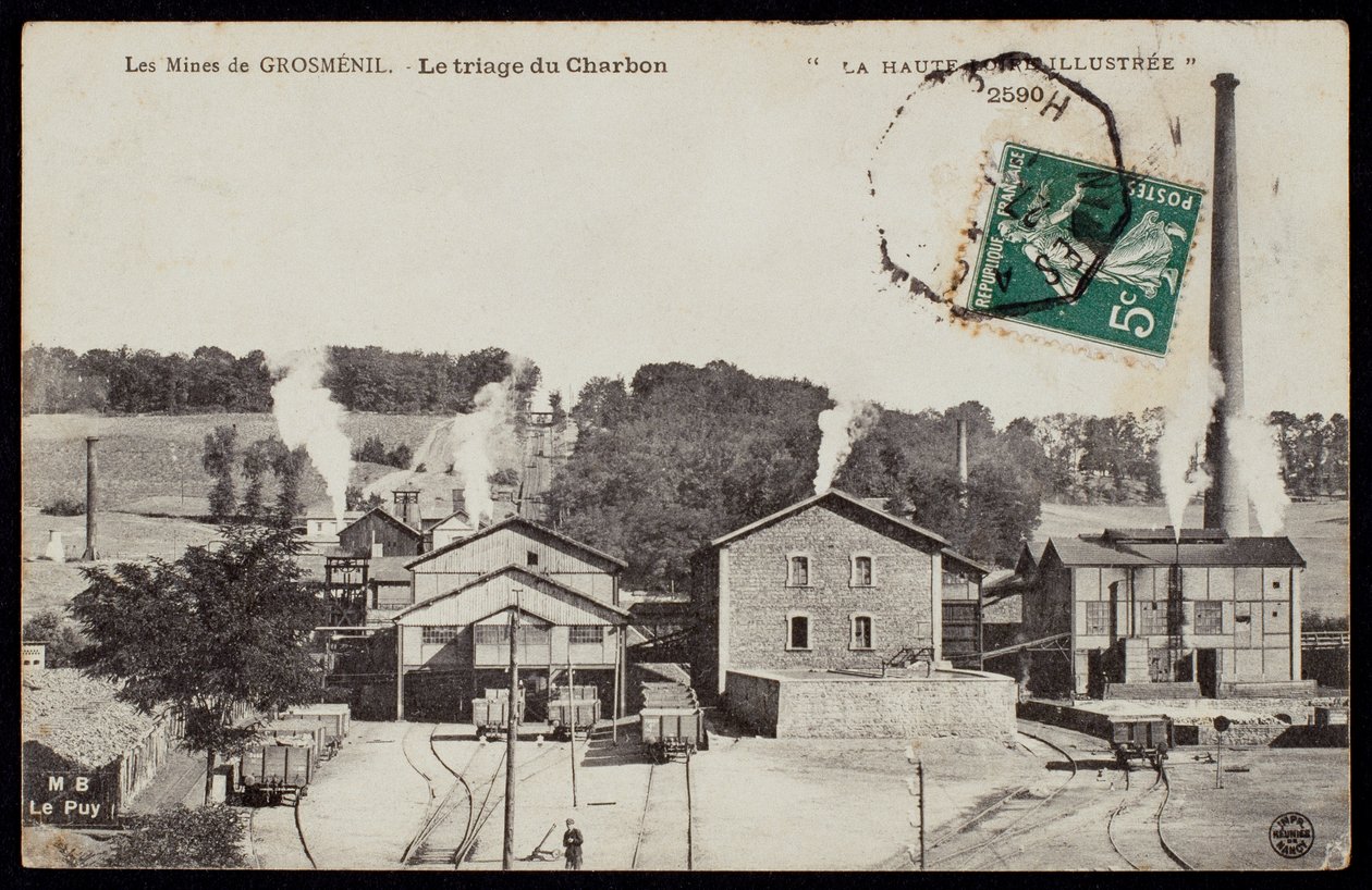 Postkarte, die die Minen von Grosmenil, Kohlesortierung, Haute-Loire, um 1900 darstellt von French Photographer