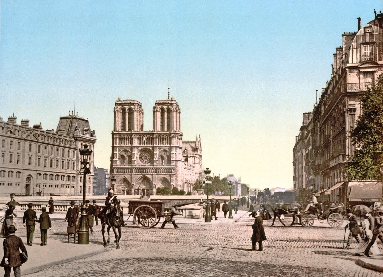Westfassade von Notre Dame und Pont St. Michel, Paris, veröffentlicht um 1900 von French Photographer
