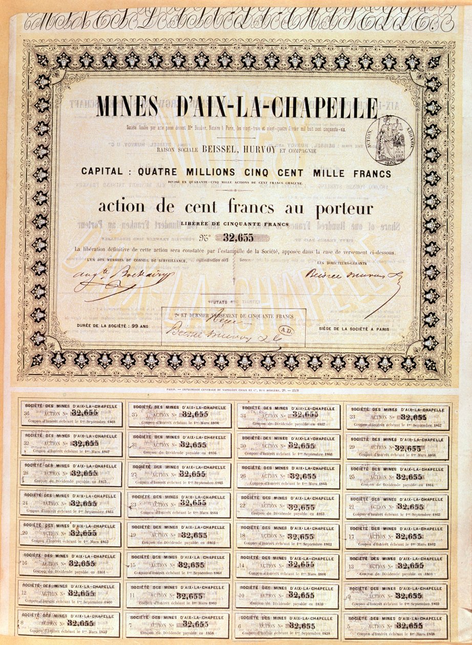 100 Francs Inhaberteil von Aachener Minen, 1856 von French School