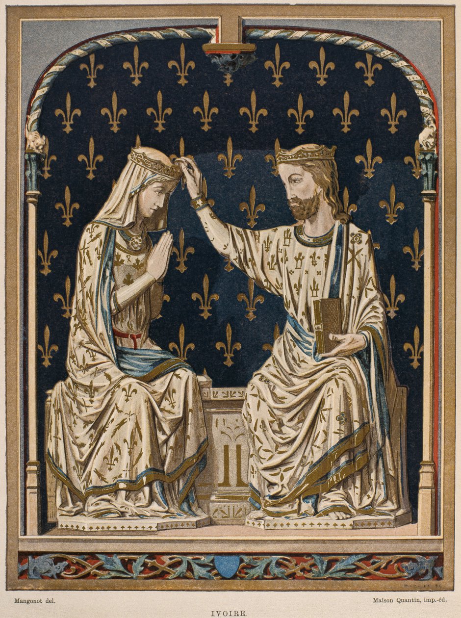 Krönung der Jungfrau Maria aus dem 14. Jahrhundert, Elfenbein aus dem Louvre, Illustration aus dem Dictionnaire de l