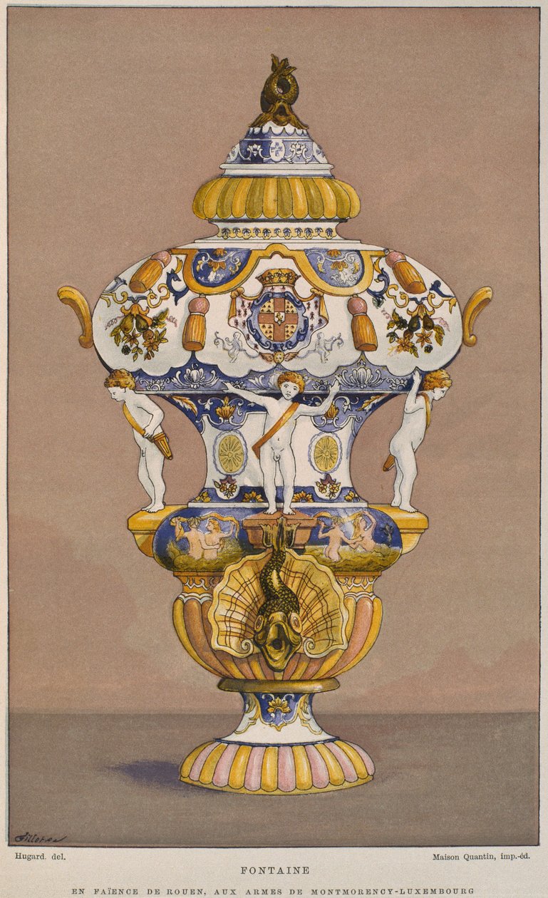 Faience-Brunnen aus dem 18. Jahrhundert mit dem Wappen von Montmorency Luxembourg, hergestellt in Rouen, Illustration aus dem Dictionnaire de l