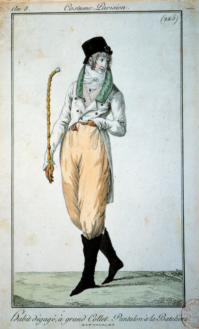 Pariser Anzug mit großem Kragen, Hose mit Stiefeln. Paris, Musee du Costume von French School