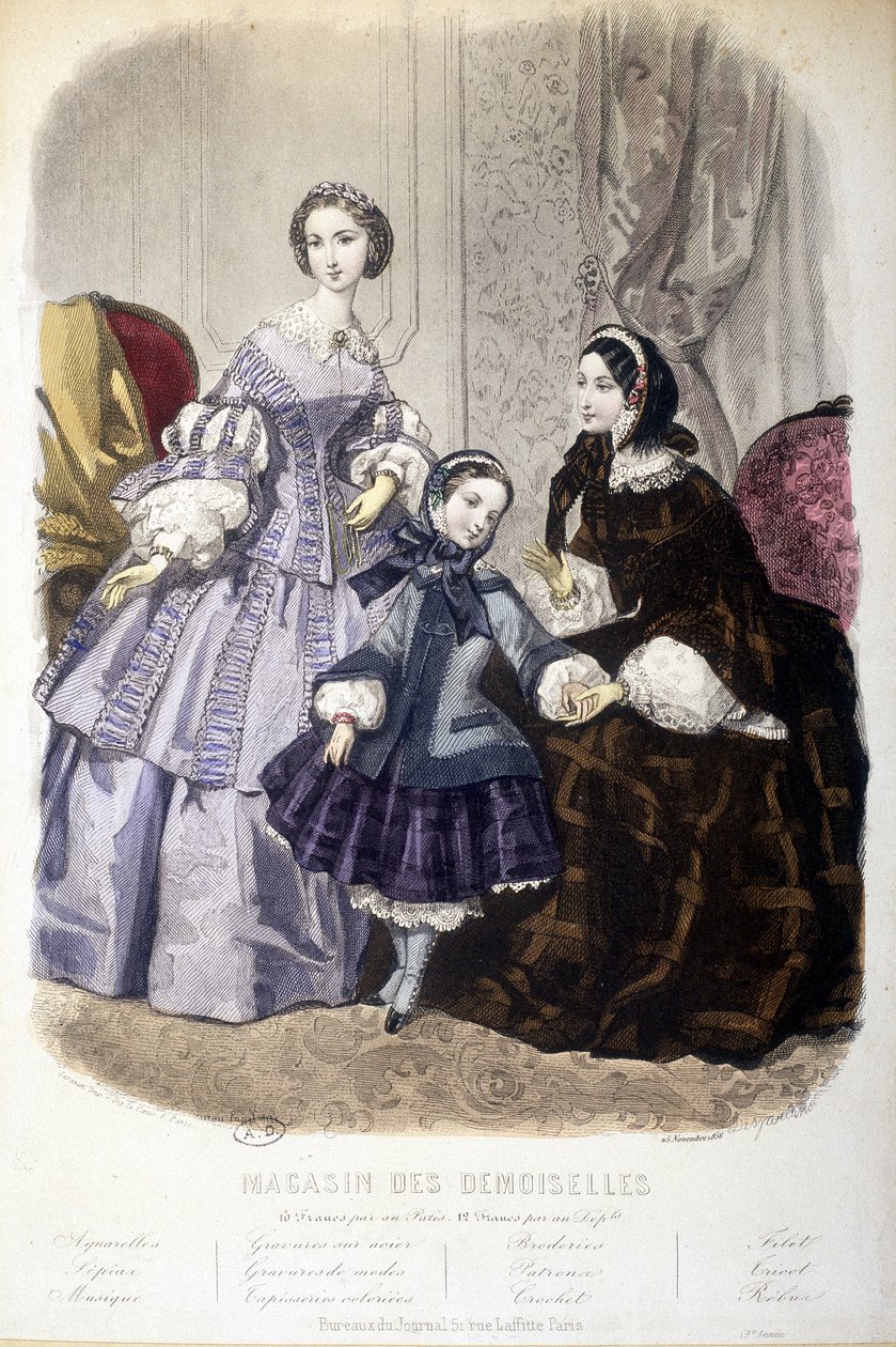 2 Frauen und ein Mädchen: Mode - im „Magasin des damoiselles“, ca. 1850 von French School