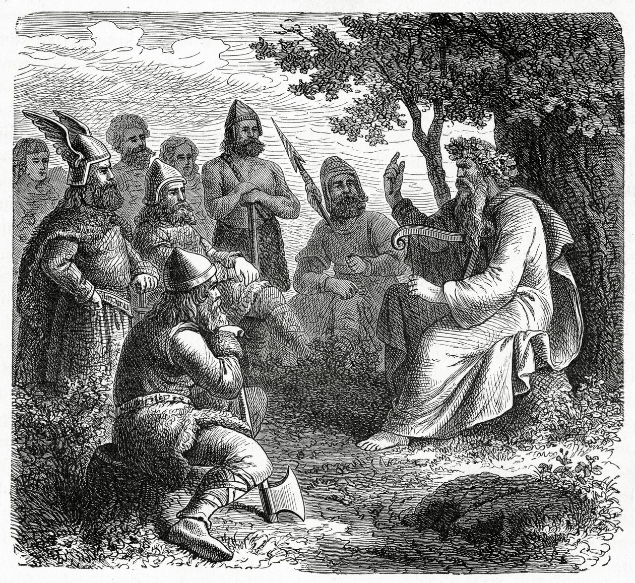 Ein Barde rezitiert vor Nordmännern, ca. 1882 (Holzstich) von French School