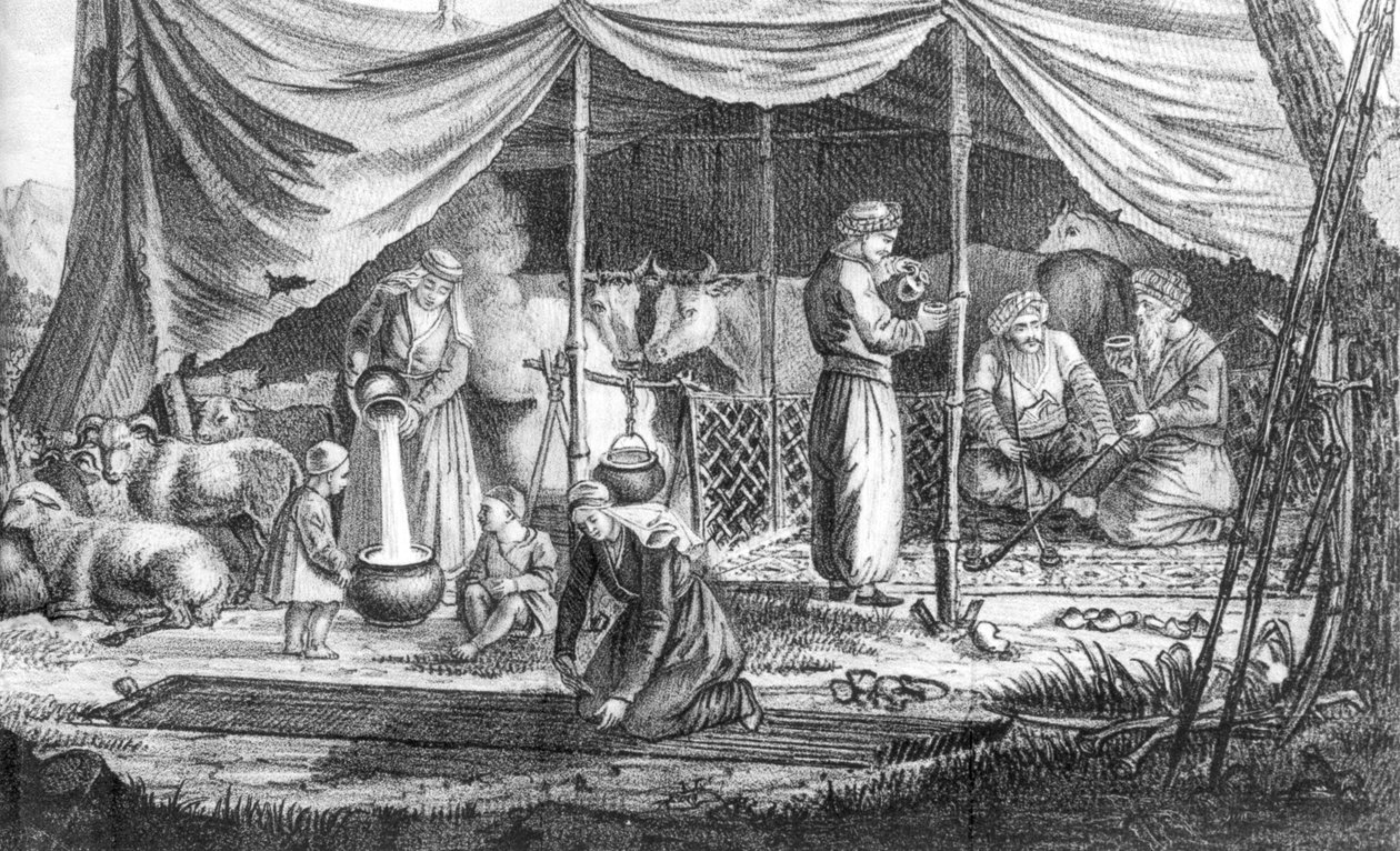 Eine Familie kurdischer Nomaden, aus Voyage en Perse von Gaspard Drouville, veröffentlicht 1825 von French School