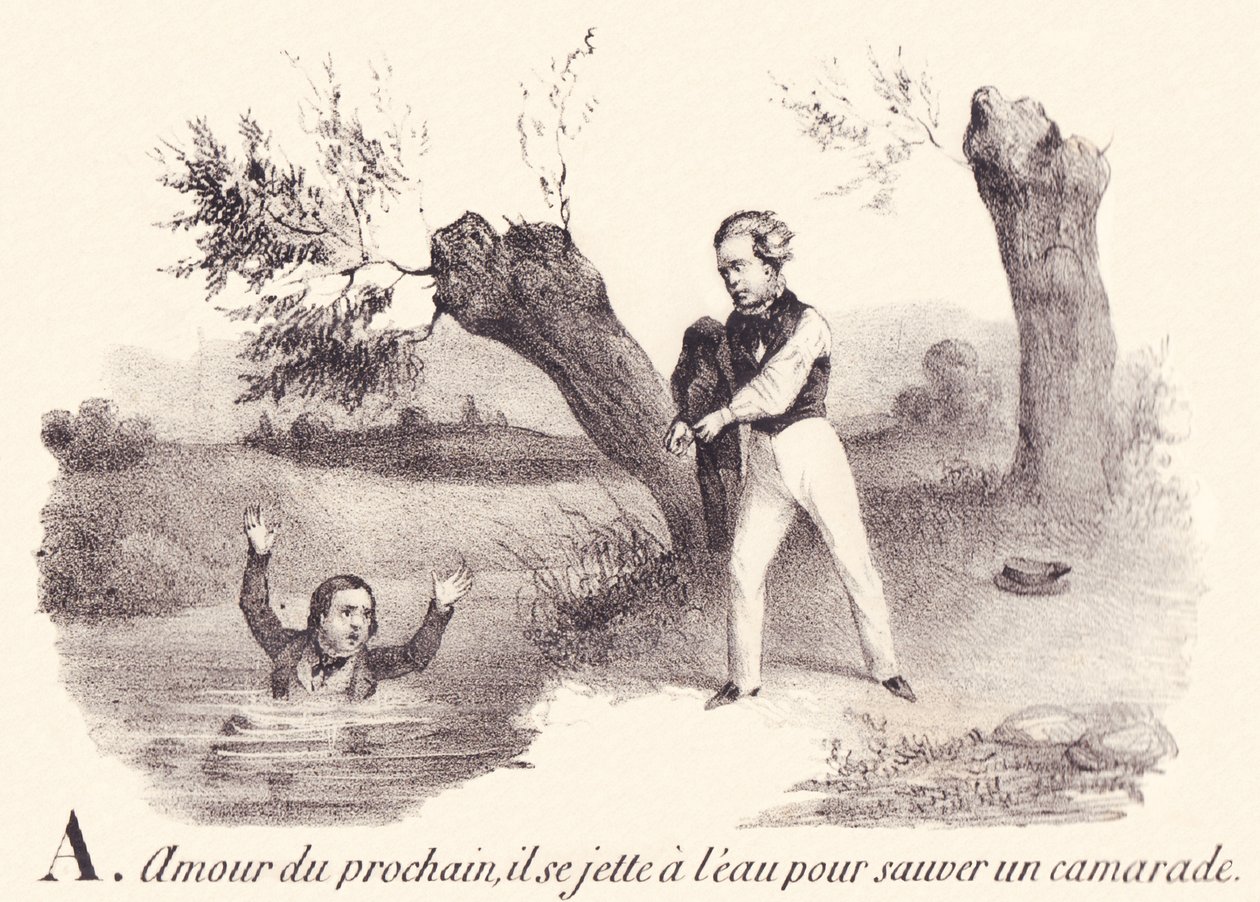 A: Nächstenliebe, er wirft sich ins Wasser, um einen Kameraden zu retten von French School