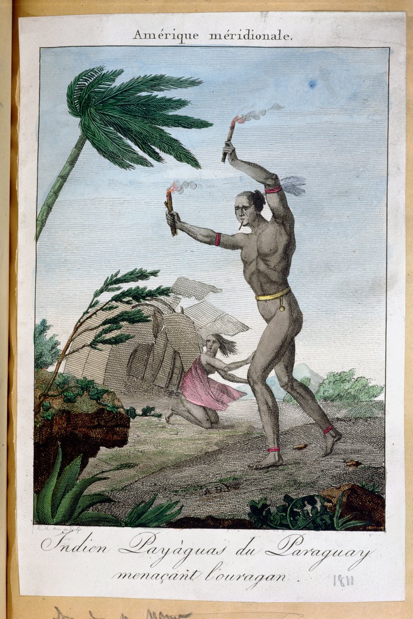 Ein Payaguas-Indianer-Schamane versucht, einen Hurrikan abzuwehren, Paraguay, 1811 von French School