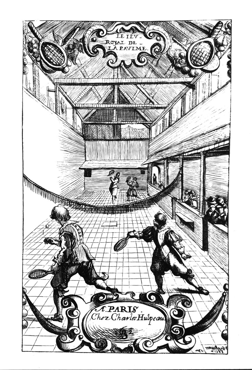 Ein königliches Tennisspiel im Jeu de Paume, Versailles, veröffentlicht von Charles Hulpeau von French School