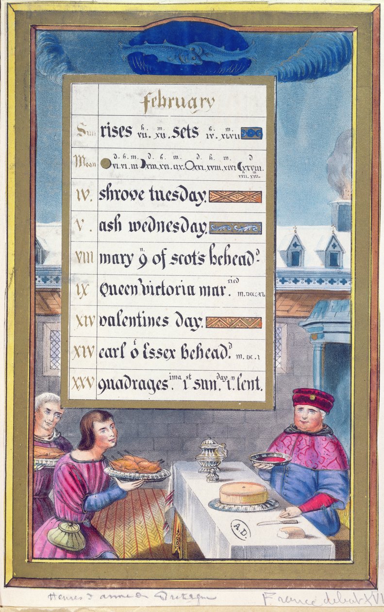Ein viktorianisches Kalenderblatt für Februar mit einer Illustration aus dem Stundenbuch der Anne de Bretagne (1488-1514) von French School