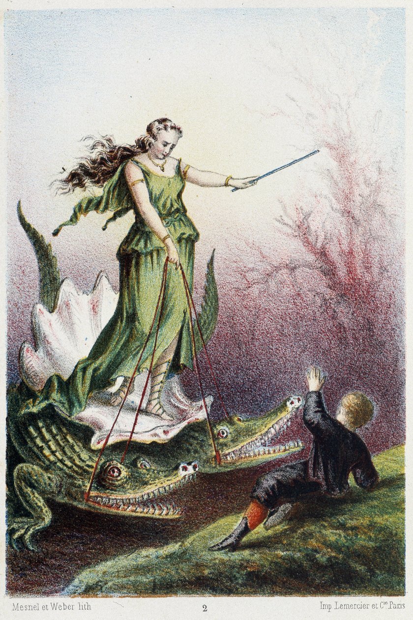Ein Junge vor einer Frau auf einem von zwei Krokodilen gezogenen Wagen - in „Reise zum Meeresgrund“ von H. de la Blanchère. Paris, ed. Jouvet et Cie, sd. 1880 von French School