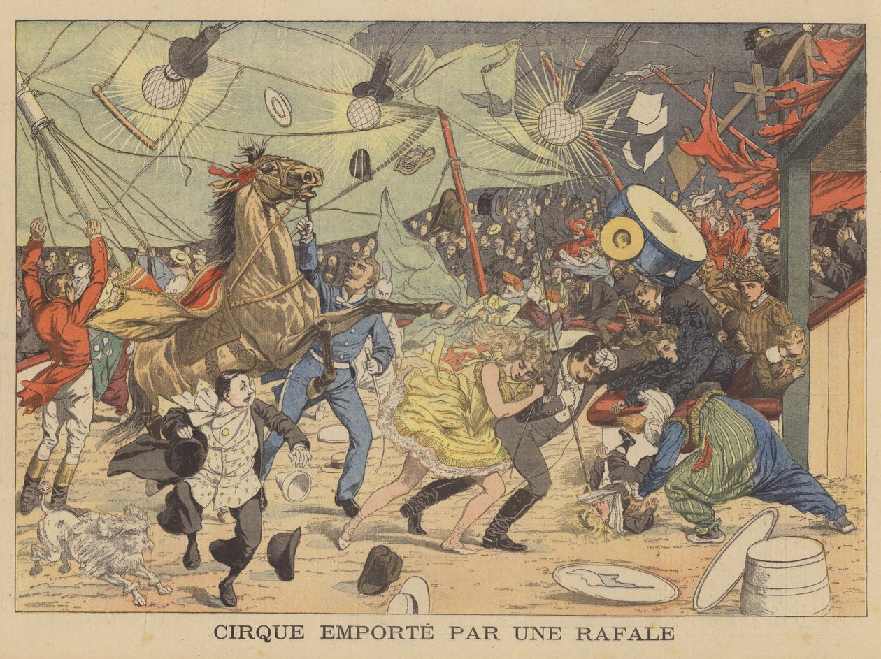 Ein Zirkuszelt wird von einem Windstoß davongetragen von French School