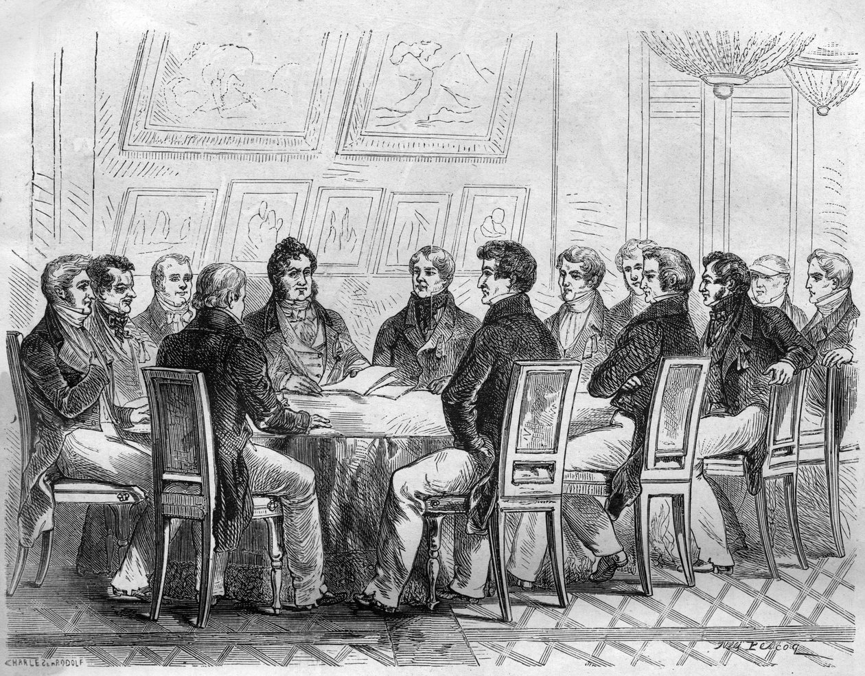 Ein Konzil der Abgeordneten des Bürgertums im Palais Royal in Paris unter Charles X und der Restauration. Gravur in „Histoire des Papes-Rois-Queen und Empereurs à travers les siècles“ von Maurice Lachatre von French School