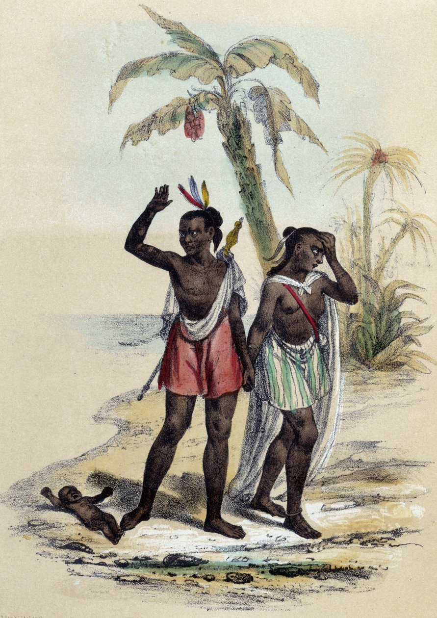 Ein Paar und ein Baby am Strand; Illustration für die Marquesas, - in „Les twelve Nations“ von M.E Fouinet von French School