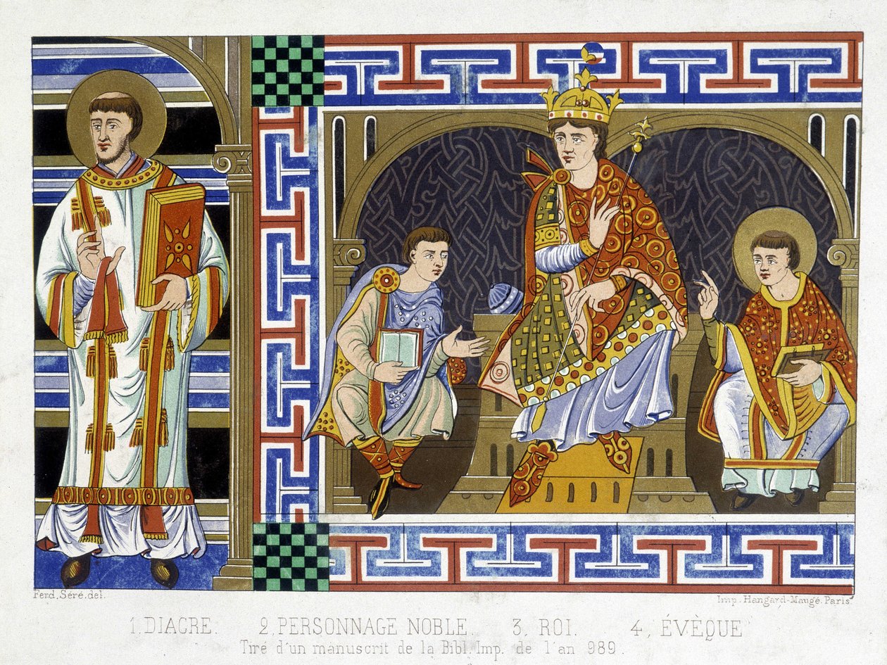Ein Diakon, eine edle Figur, ein König und ein Bischof, die die Menschen des zehnten Jahrhunderts darstellen; Illustration des neunzehnten Jahrhunderts aus 