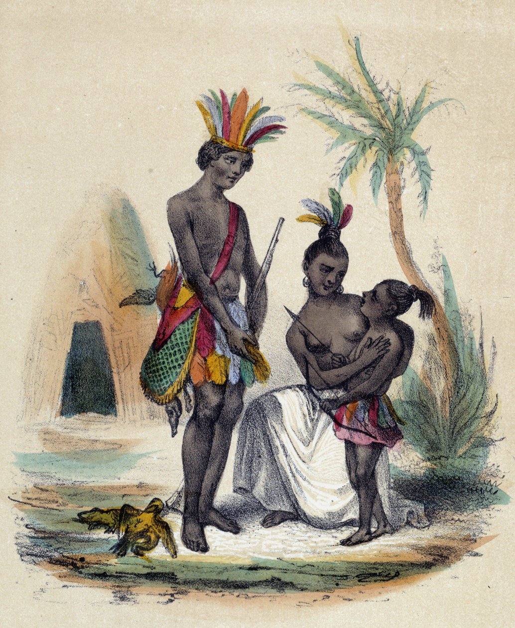 Eine Familie kanadischer Indianer vor ihren Tipis; Illustration für Kanada, - in „The twelve Nations“ von M.E Fouinet von French School