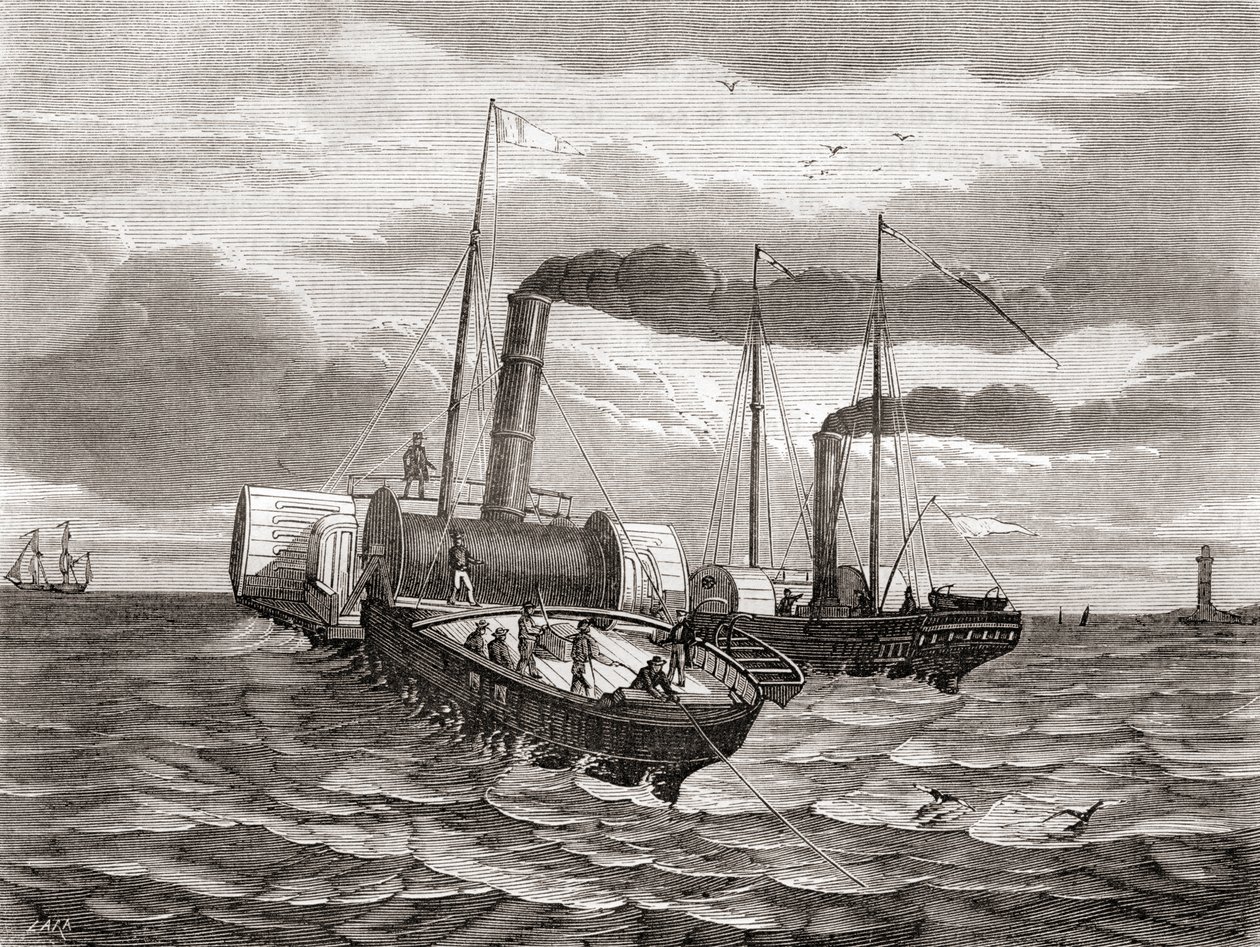 Ein erster Versuch im Jahr 1850 von John Watkins Bretts Anglo-French Telegraph Company, die erste Leitung unter dem Ärmelkanal von Dover nach Calais zu verlegen, mit den umgebauten Schleppern Goliath und Widgeon, aus 