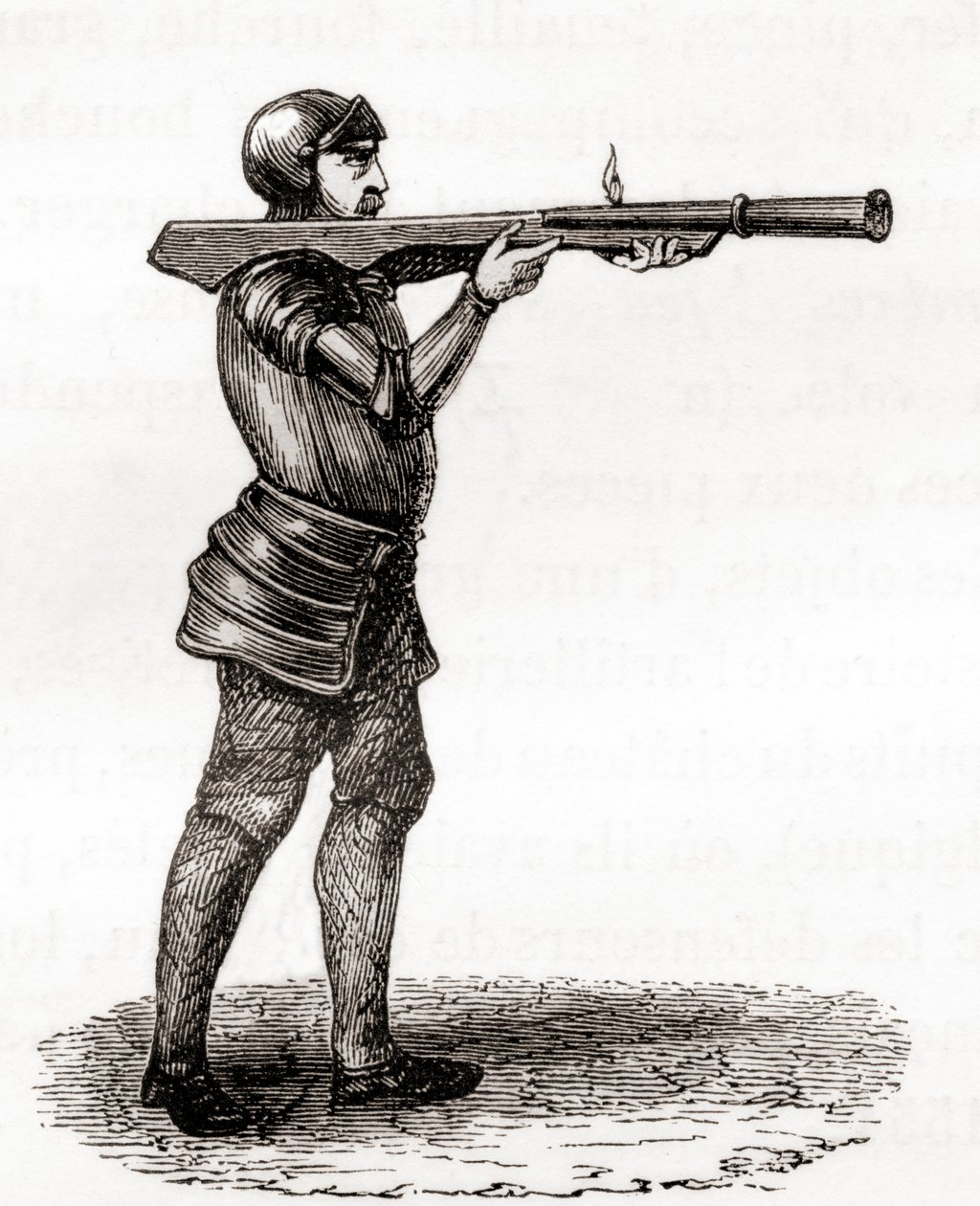 Ein Fußsoldat mit einer Handbombarde, späte 14. und 15. Jahrhunderte, nach einer Zeichnung aus dem 19. Jahrhundert, aus Les Merveilles de la Science, veröffentlicht um 1870 (Stich) von French School
