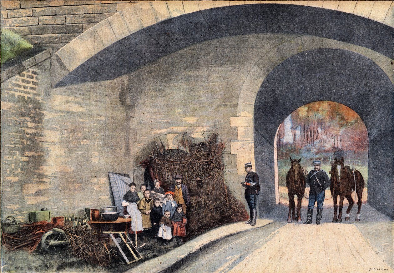 Eine obdachlose Familie unter einer Brücke in Paris. Gravur aus der Zeitung 