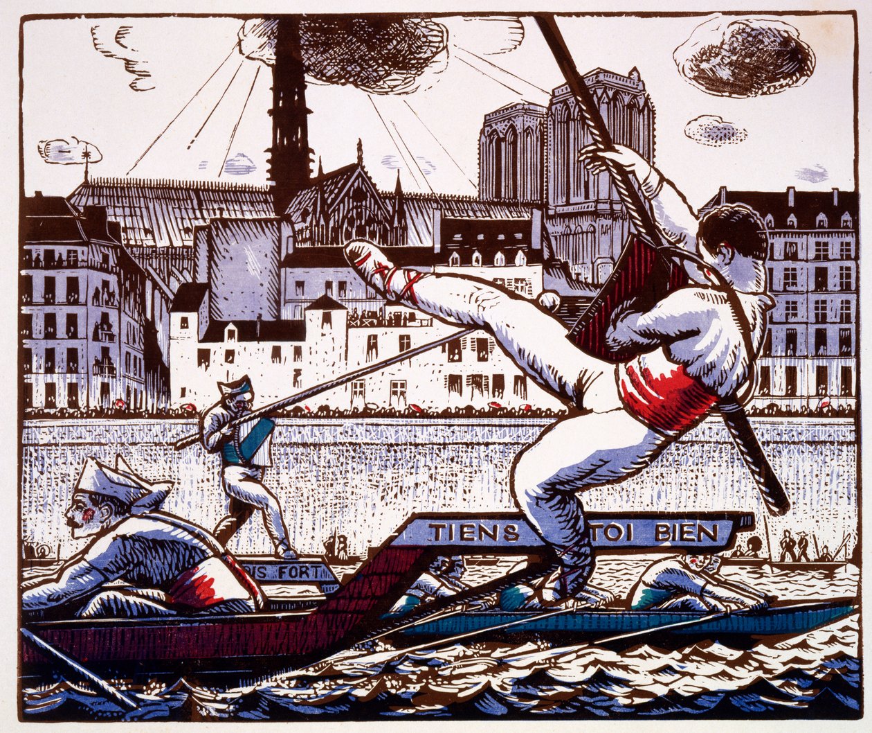 Ein Ritterturnier bei einem Flussfest an der Seine, Paris, ca. 1890-1920 (Farbholzschnitt) von French School