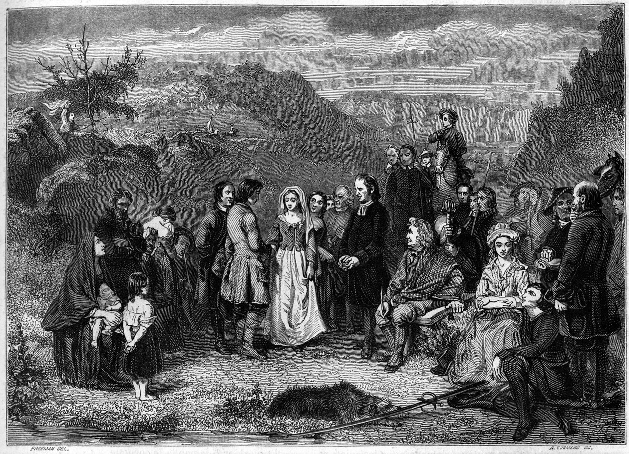 Eine Hochzeit von Puritanern (Presbyterianern) in Schottland. Gravur von Freeman in „Le Magasin pittoresque“ von French School