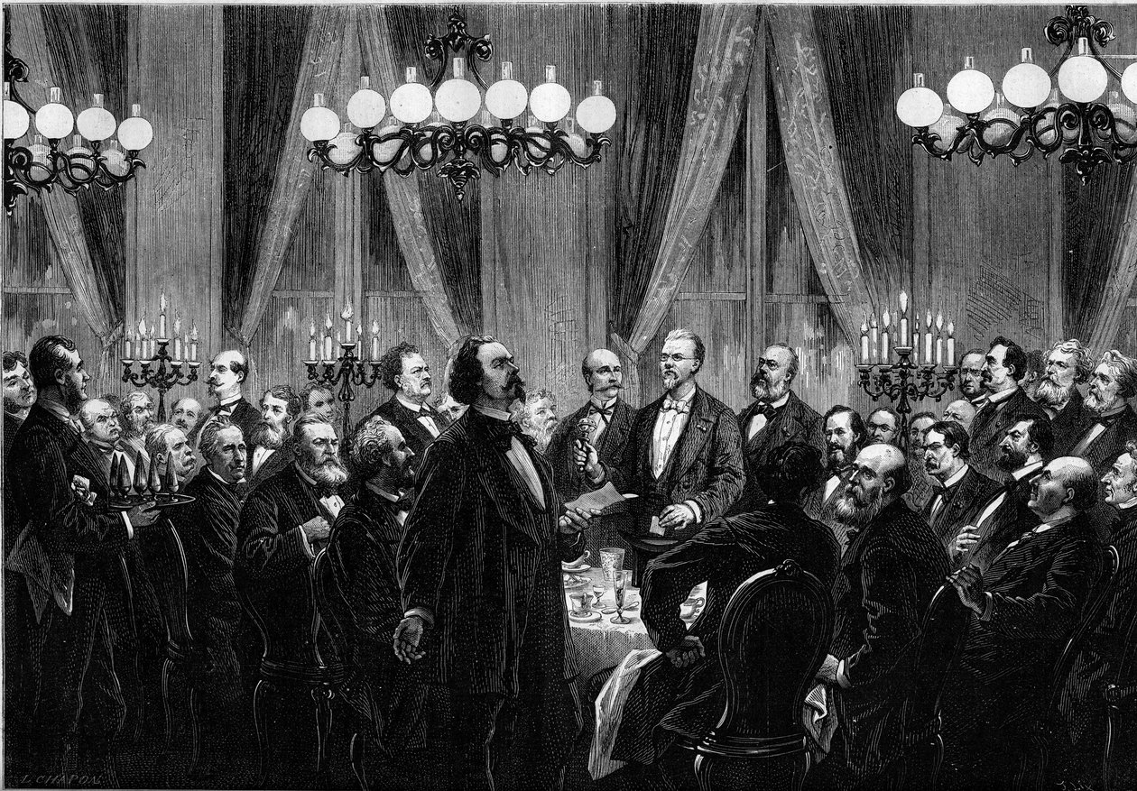 Ein Treffen der „Societe du Caveau“ im Jahr 1879, bei dem Persönlichkeiten der Szene zu einem Singabendessen zusammenkommen, bei dem jeder Lieder komponiert. Der Sänger Duprez, Clairville (Louis Francois Nicolaie von French School