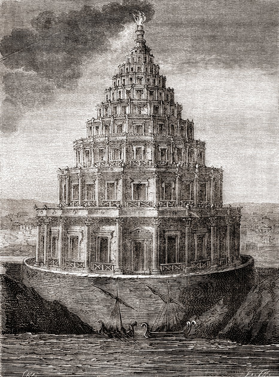 Eine imaginäre Darstellung des 19. Jahrhunderts des Leuchtturms von Alexandria, auch bekannt als Pharos von Alexandria, ein Leuchtturm, der vom Ptolemäischen Königreich zwischen 280 und 247 v. Chr. erbaut wurde, aus 