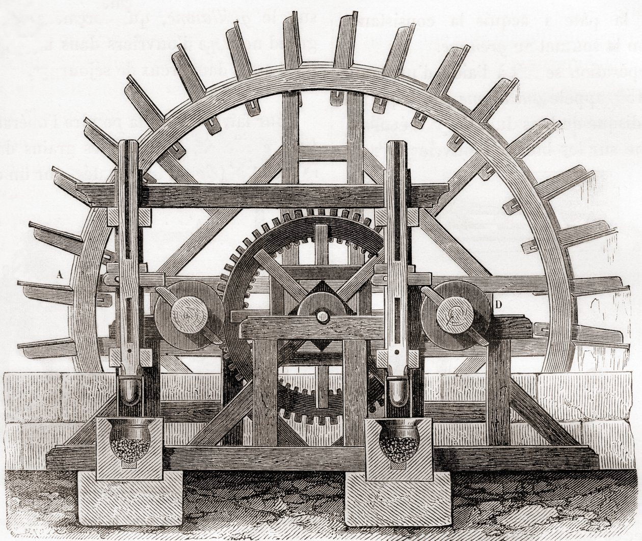 Eine Pulvermühle und ihr Wasserrad, nach einer Zeichnung aus dem 19. Jahrhundert, aus Les Merveilles de la Science, veröffentlicht um 1870 (Gravur) von French School