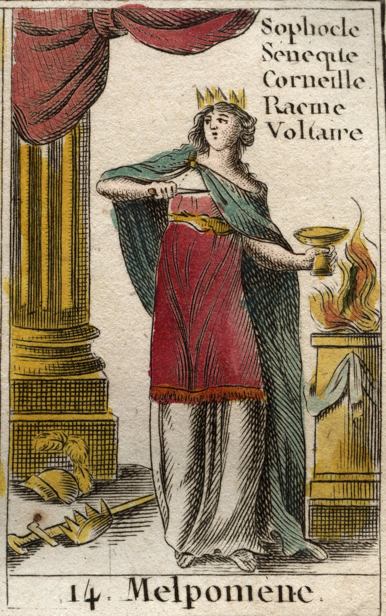Darstellung von Melpomene, Muse der Tragödie, sie trägt eine Krone, ein Zepter und einen Dolch sowie einen Becher mit Gift. Aus „Mythologie der Jugend“ von Pierre Blanchard 1803 von French School