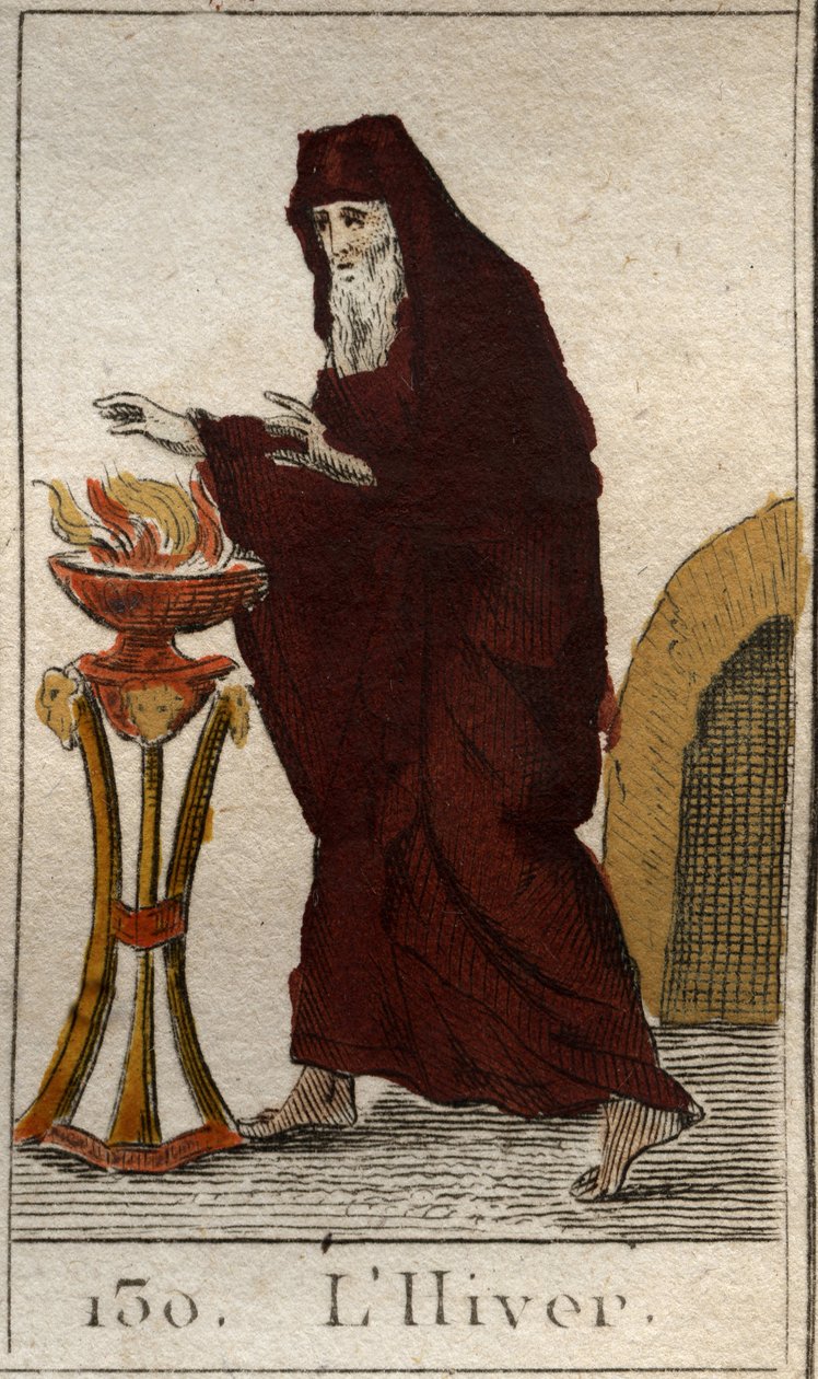 Darstellung des Winters als alter Mann, der sich am Feuer aufwärmt. Aus „Mythologie der Jugend“ von Pierre Blanchard 1803. von French School