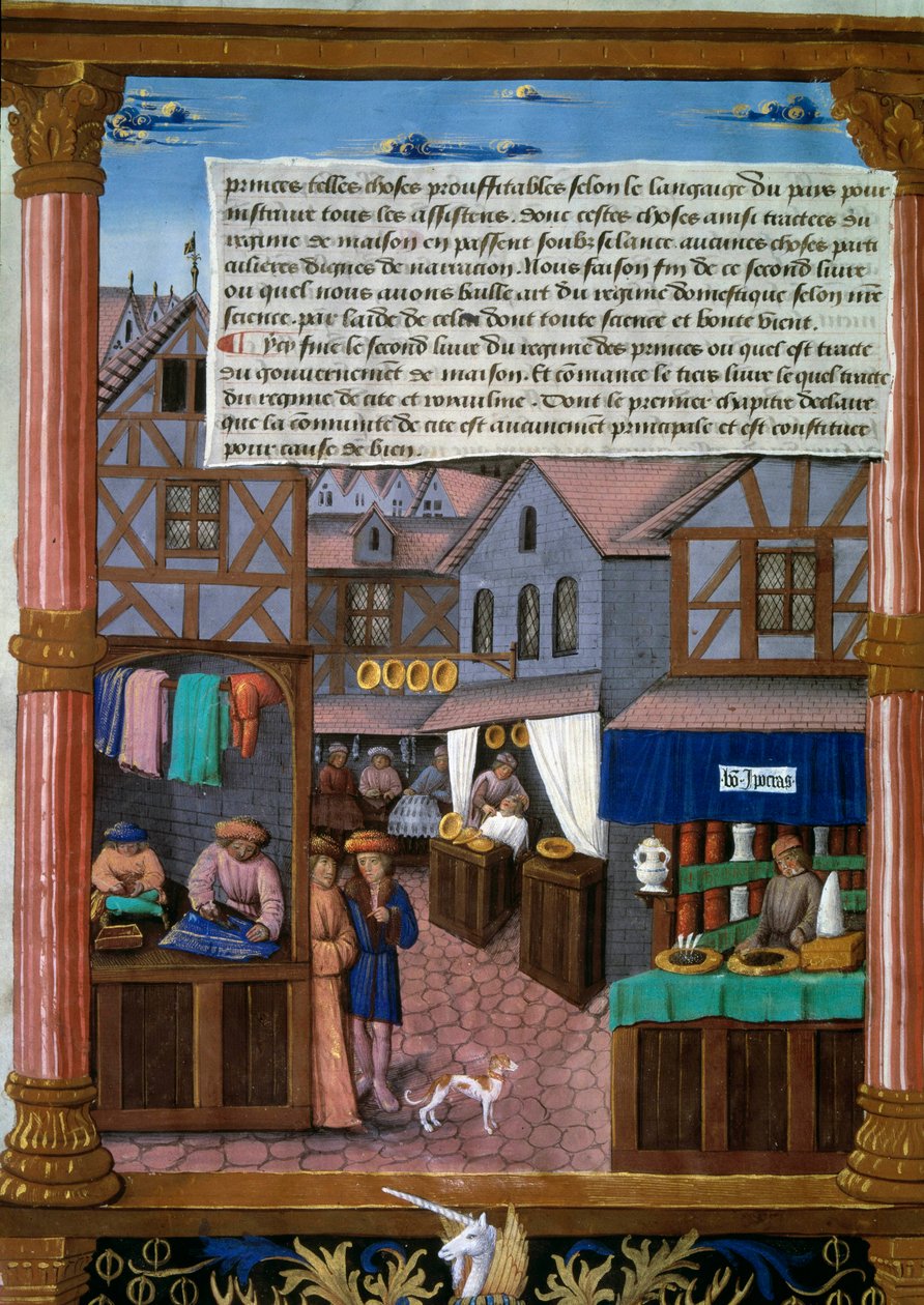 Eine Straße in Paris mit Läden zu Beginn des 16. Jahrhunderts. Manuskriptseite aus „Livre du gouvernement des Princes“ von Romain Gilles (16. Jahrhundert) Paris, Bibliothèque de l