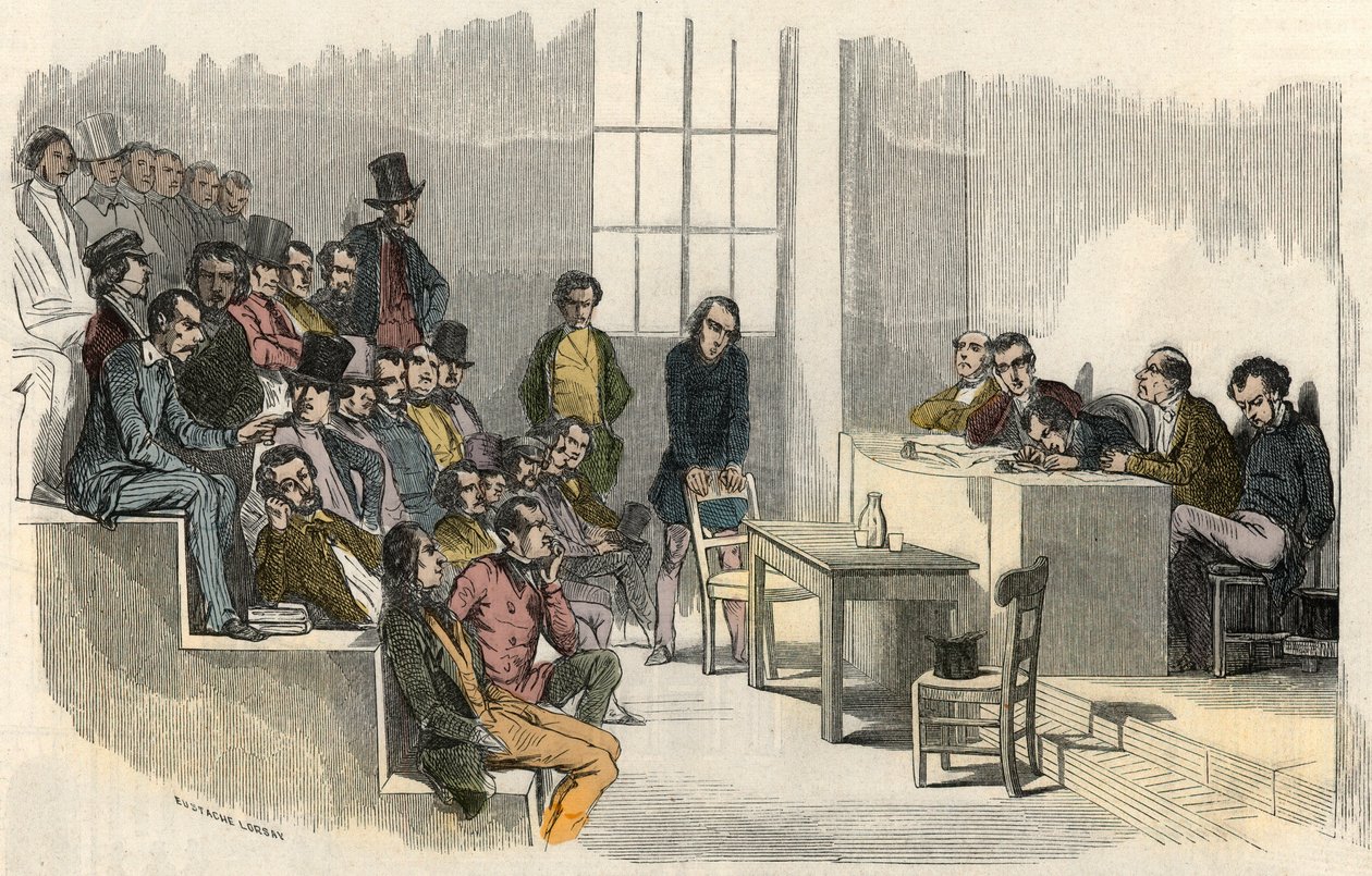 Eine Sitzung des Aggregationswettbewerbs an der Sorbonne in Paris im 19. Jahrhundert - Gravur in "Tableau-de-Paris" von Edmond Texier 1852 von French School