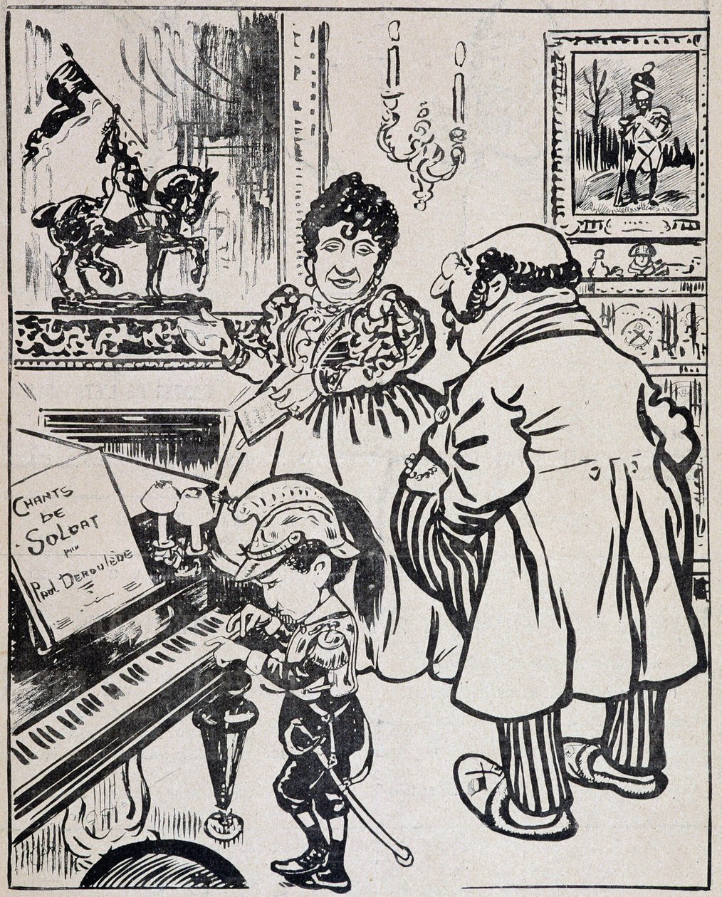 Eine gebrauchte Bronze, Karikatur mit Schlachtschiffen, Noten für Deroulede auf dem Klavier und Statuette von Jeanne d
