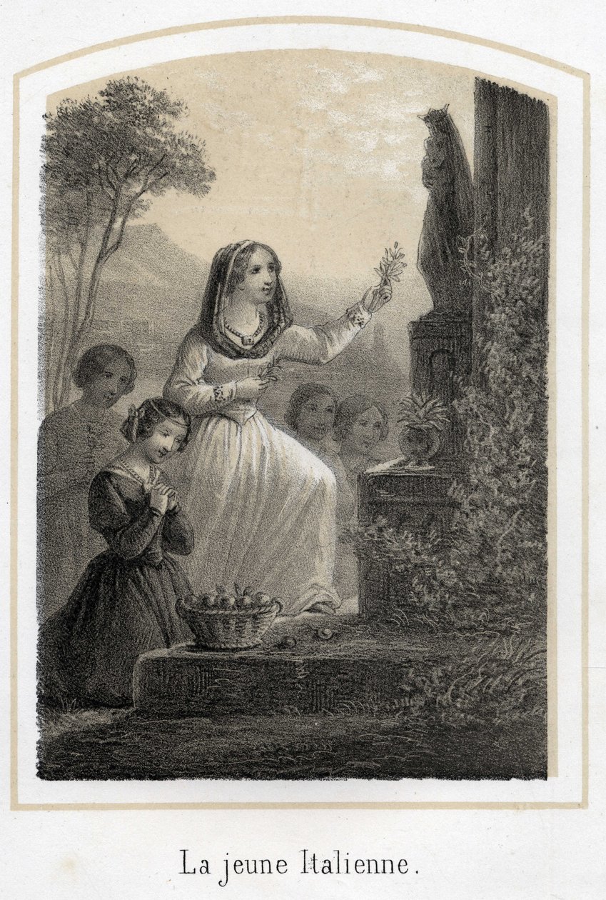 Eine sehr fromme junge Italienerin ehrt die Jungfrau Maria, indem sie ihr einen Olivenzweig überreicht. Anonyme Gravur des 19. Jahrhunderts von French School