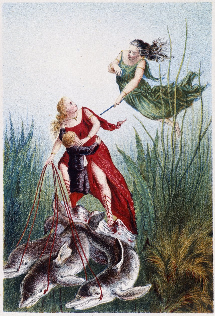 Eine Frau greift eine andere Frau und einen Jungen an, geführt von Delfinen - in "Reise zum Meeresgrund" von H. de la Blanchère. Paris, ed. Jouvet et Cie, sd. 1880. (doppelt 02947) von French School