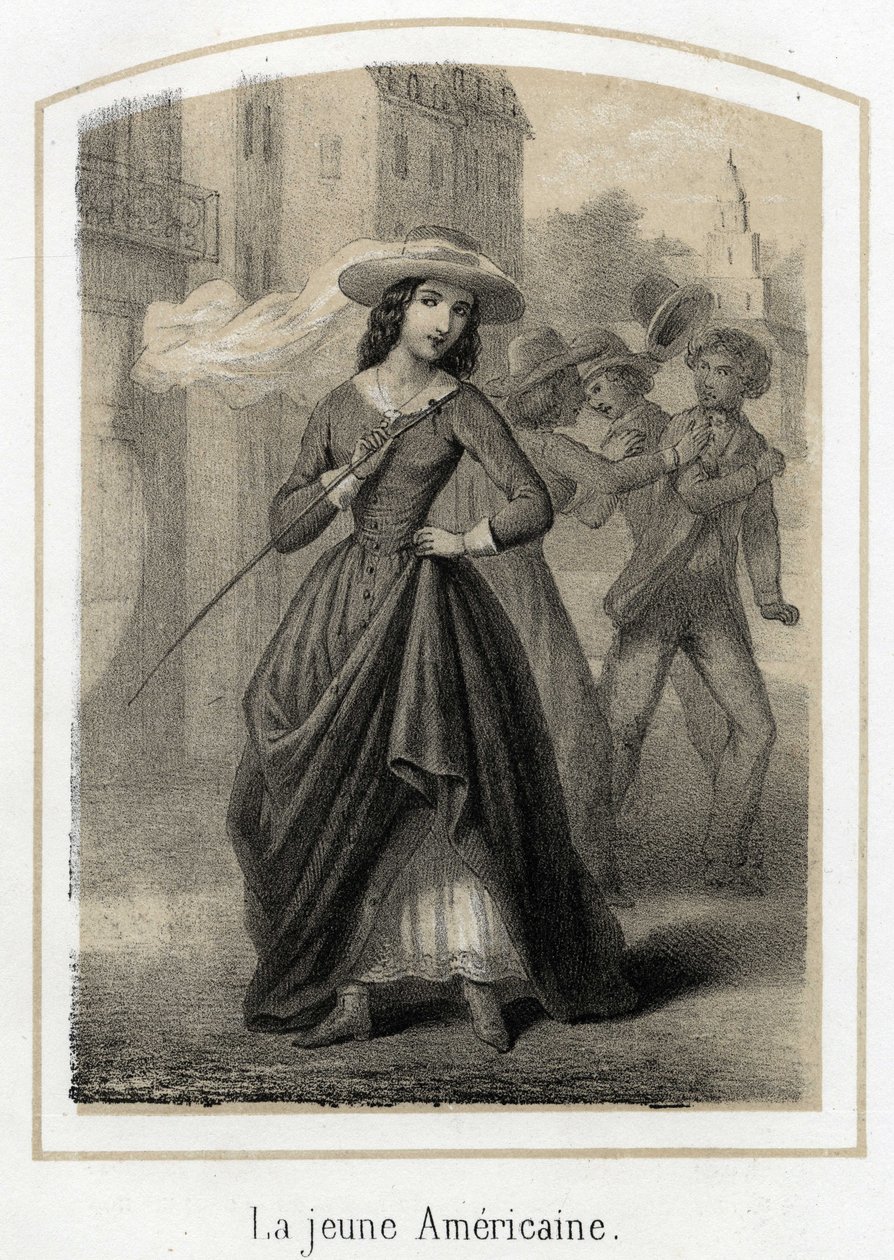 Eine junge Amerikanerin verursacht Kämpfe zwischen ihren Verehrern, anonyme Gravur des 19. Jahrhunderts von French School