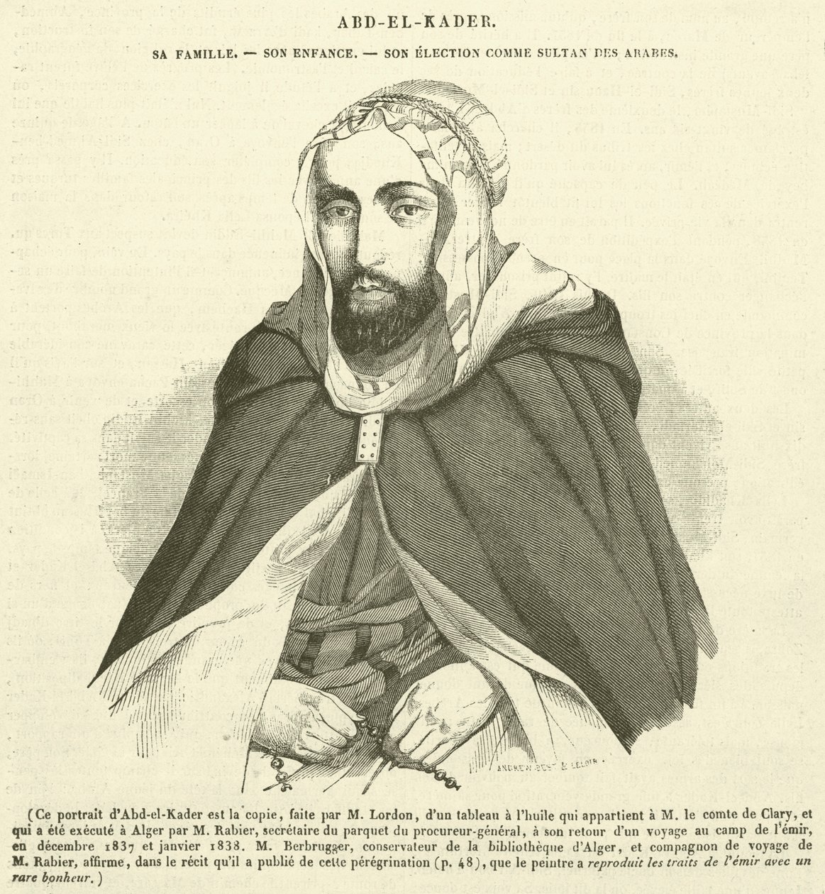 Abd-el-Kader, seine Familie, seine Kindheit, seine Wahl zum Sultan der Araber (Gravur) von French School