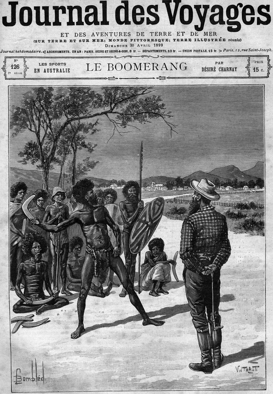 Aborigines von Australien benutzen einen Bumerang, Ende des 19. Jahrhunderts. Gravur in „Journal des Voyages“ vom 30. April von French School