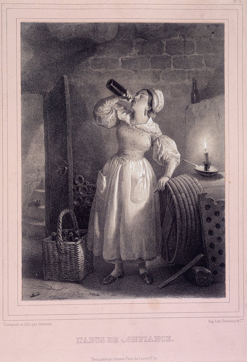 Vertrauensmissbrauch (Hausangestellter trinkt Wein im Keller) (Lithografie) von French School