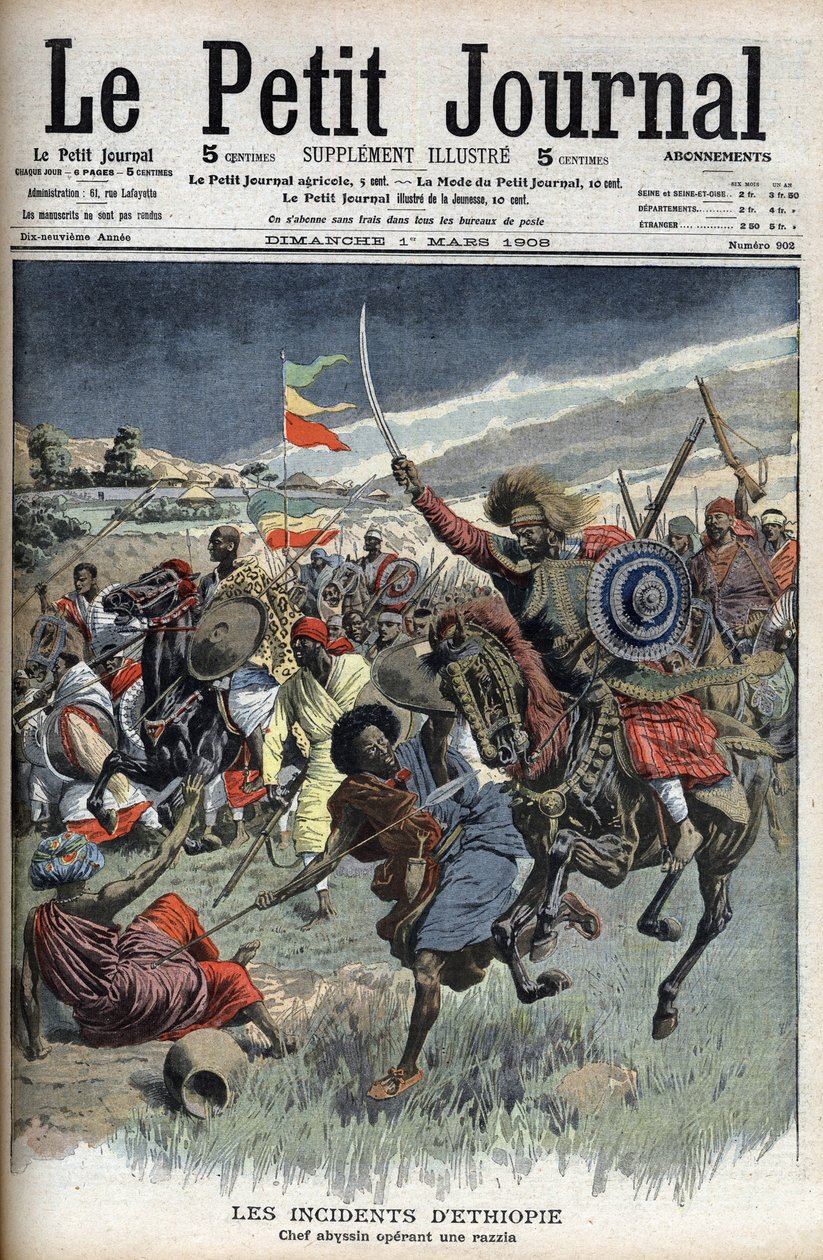 Abessinischer Häuptling auf einem Überfall, Äthiopien, März 1908 (christliche Abessinier kämpfen gegen muslimische Somalis an der Grenze zwischen Äthiopien und Somalia) aus Le Petit Journal (Gravur) von French School