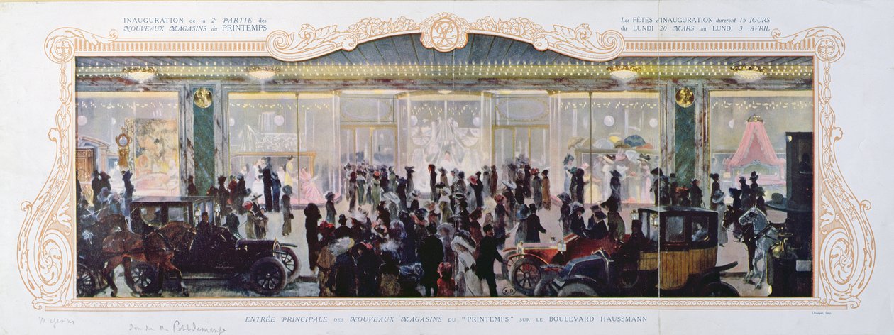 Werbung für die Eröffnung neuer Gebäude im Pariser Kaufhaus Printemps, 1910 von French School