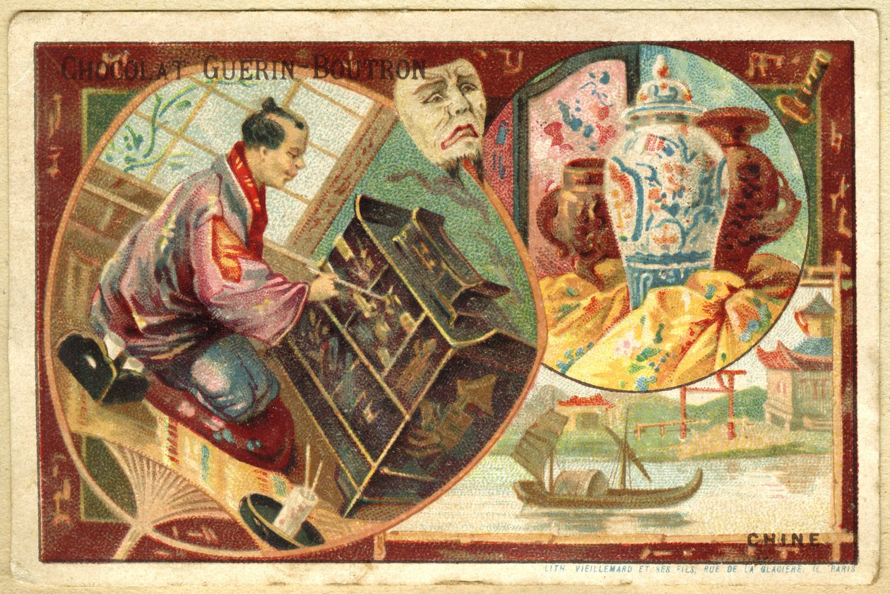 Werbe-Chromolithographie von Guerin Boutron Schokoladen von French School