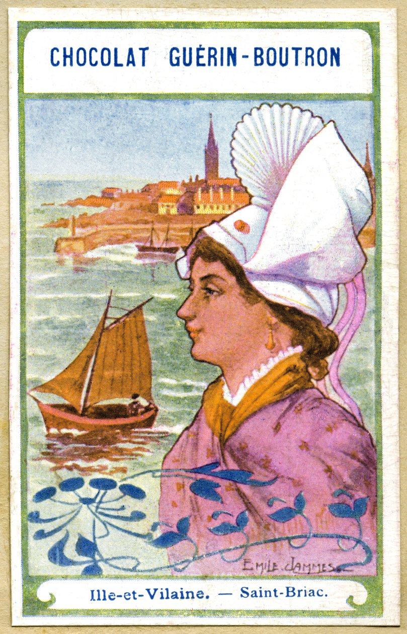 Werbe-Chromolithographie von Chocolats Guerin Boutron, die Kopfbedeckungen der Regionen Frankreichs, Ille et Vilaine, Saint Briac, Illustration Emile Jammes von French School