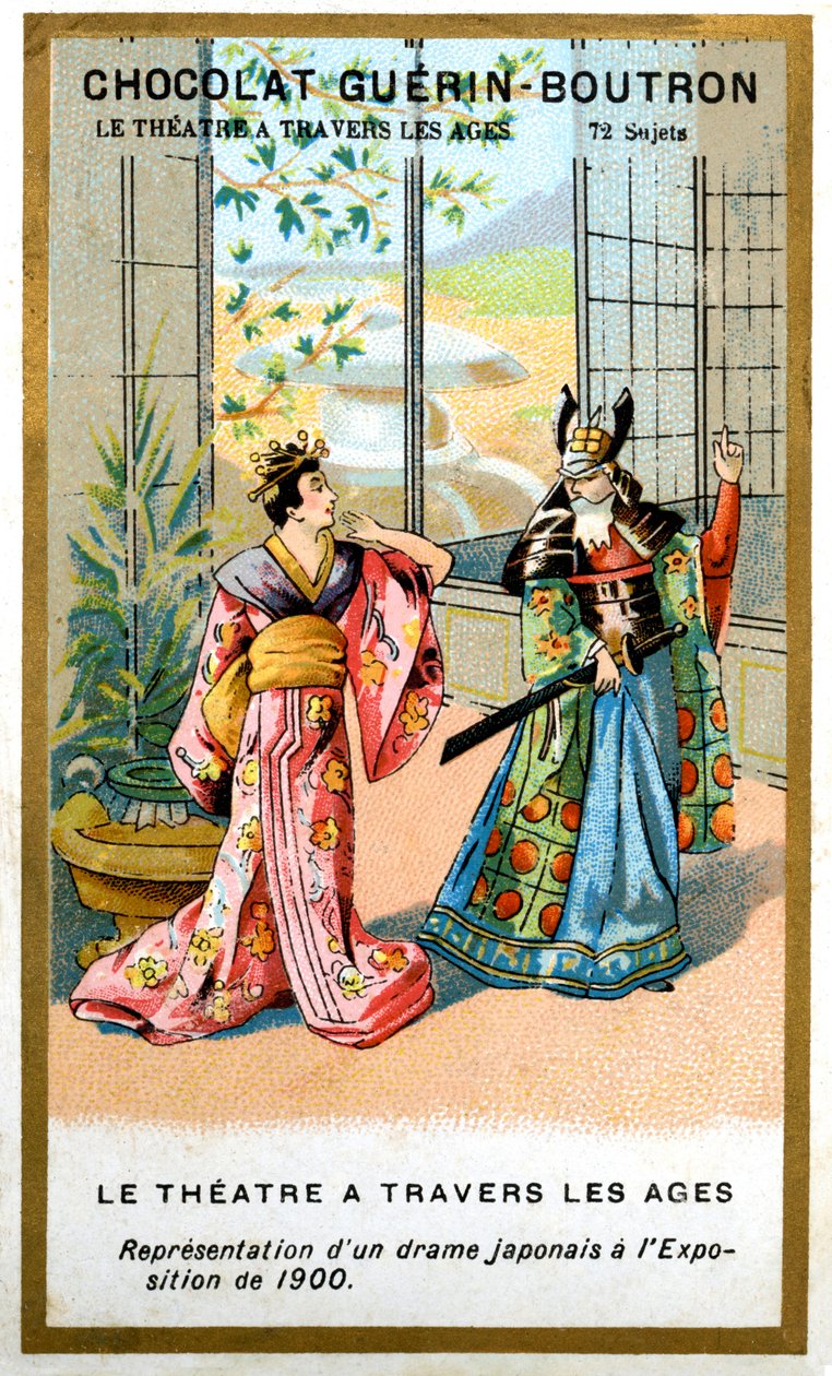 Werbechromolithografie von Guérin Boutron Schokoladen, Theater durch die Jahrhunderte, 72 Motive, japanisches Drama von French School