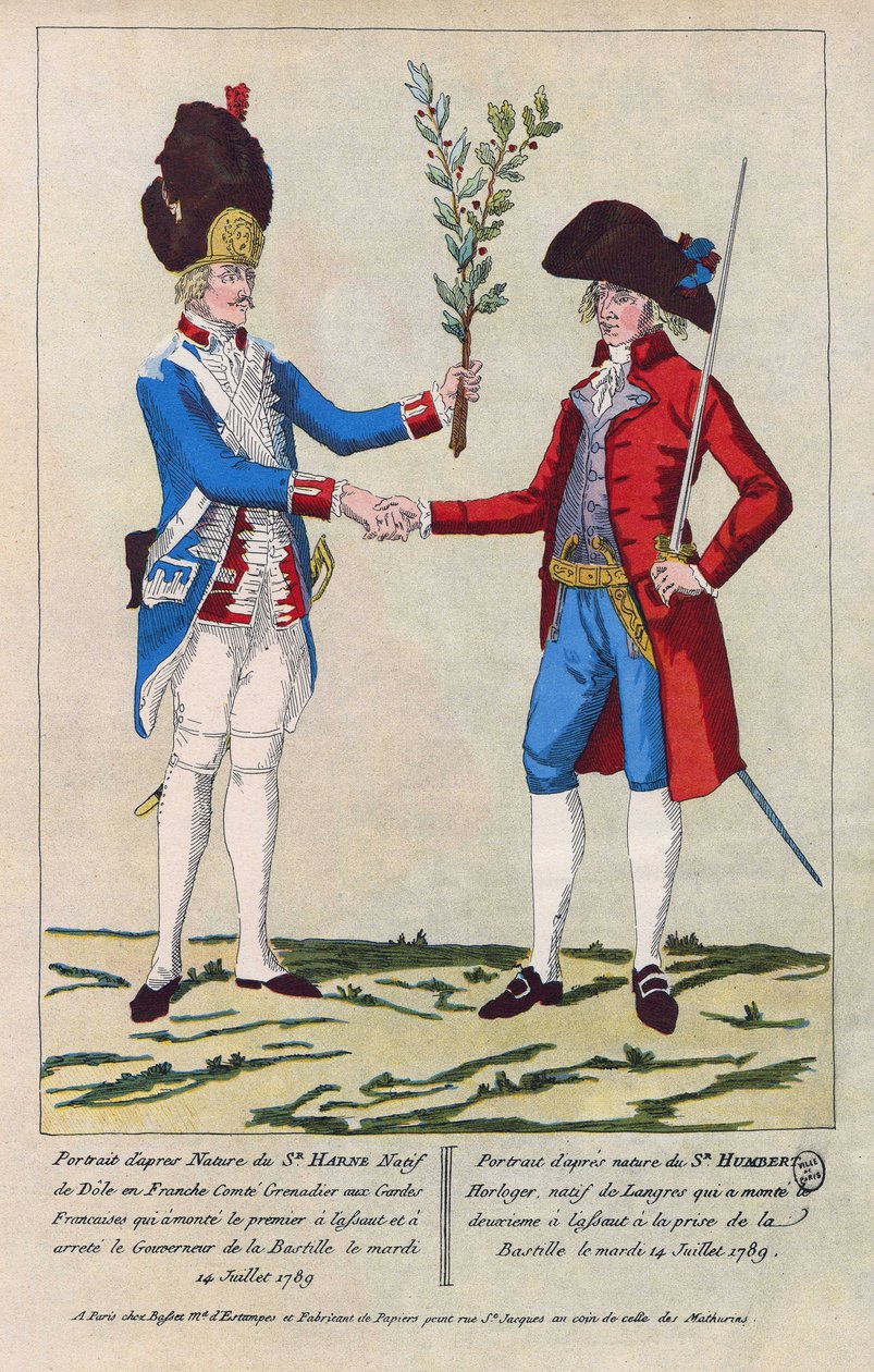 Porträt nach der Natur von Sieur Harne, Grenadier und Sieur Humbert, Uhrmacher. Sie waren die ersten Männer, die während der Eroberung der Bastille am 14. Juli 1789 angegriffen wurden. Gravur von 1790. von French School