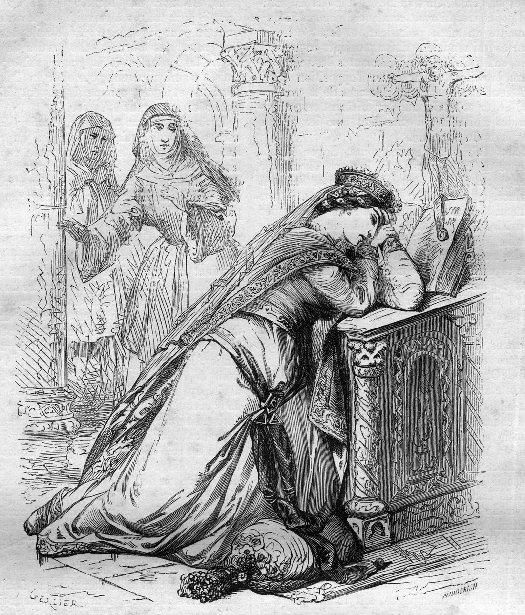 Agnes de Meranie oder Meran (1172-1201), Königin von Frankreich, wurde von König Philipp August in das Kloster geschickt. Gravur in „History of the Popes (...) Crimes of the Queen King and Emperors through the centuries“ von Maurice Lachatre von French School