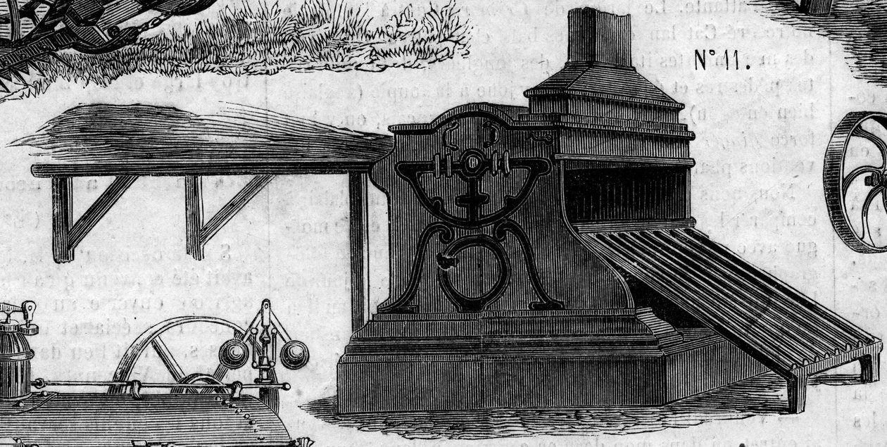 Landwirtschaftsmaschine: ein Drescher, präsentiert auf dem Pariser Landwirtschaftswettbewerb 1860. Gravur in „Le Monde Illustré“ Nr. 169 vom 7. Juli 1860. von French School