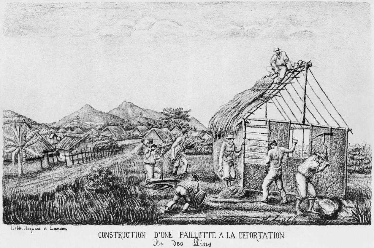 Album der Isle of Pines, Bau einer Strohhütte durch die Deportierten, 1878-79 von French School