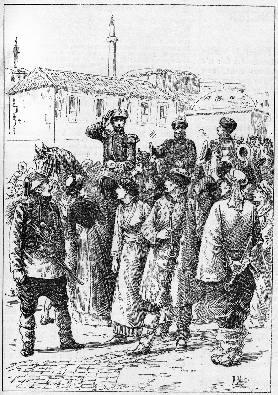 Alexander von Battenberg - Alexander I. von Bulgarien oder Alexander von Battenberg (1857-1893) kommt in Philippopoli an, um die Vereinigung von Rumänien und Bulgarien zu verkünden, In „Die illustre Welt“ von French School